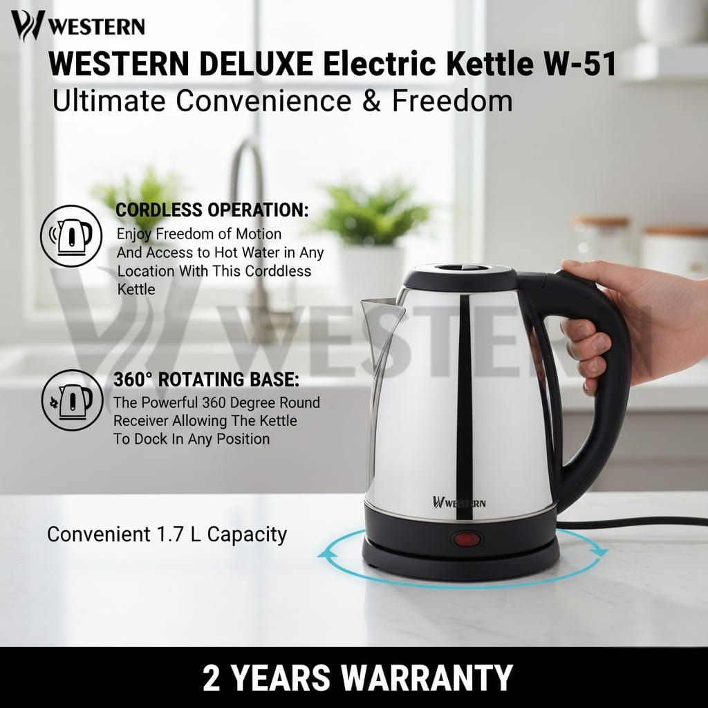 Western Deluxe Electric Kettle W-51 – 1.7L Stainless Steel Electric Kettle | | 2-Year Warranty
