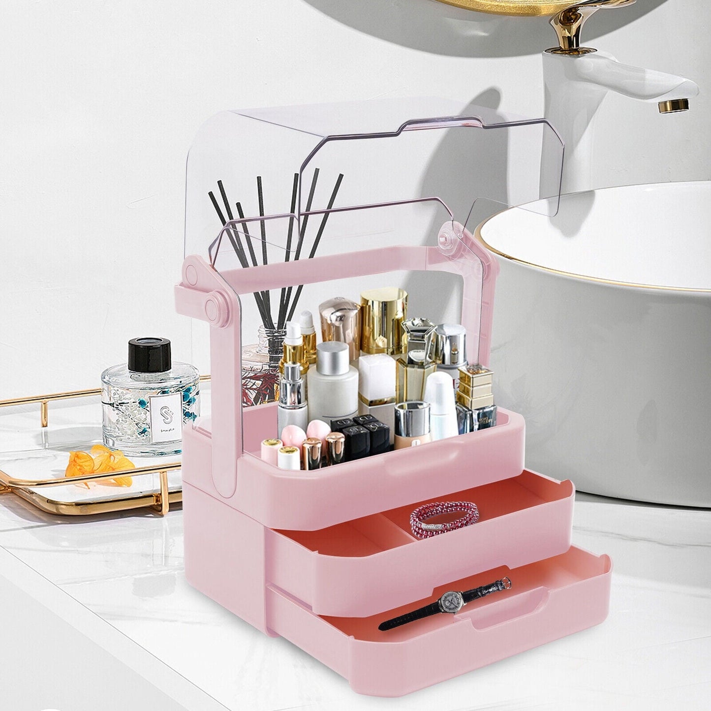 Right Way Shop™ Large Makeup Organizer with Dustproof Lid & Drawers