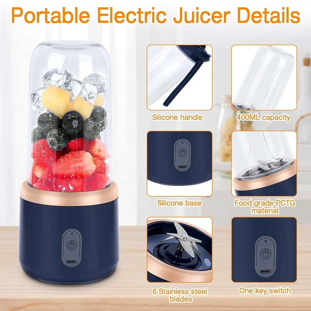 Portable Blender Juicer Machine – 2-in-1 USB Rechargeable Smoothie Maker | 400ml Personal Mini Fruit Mixer
