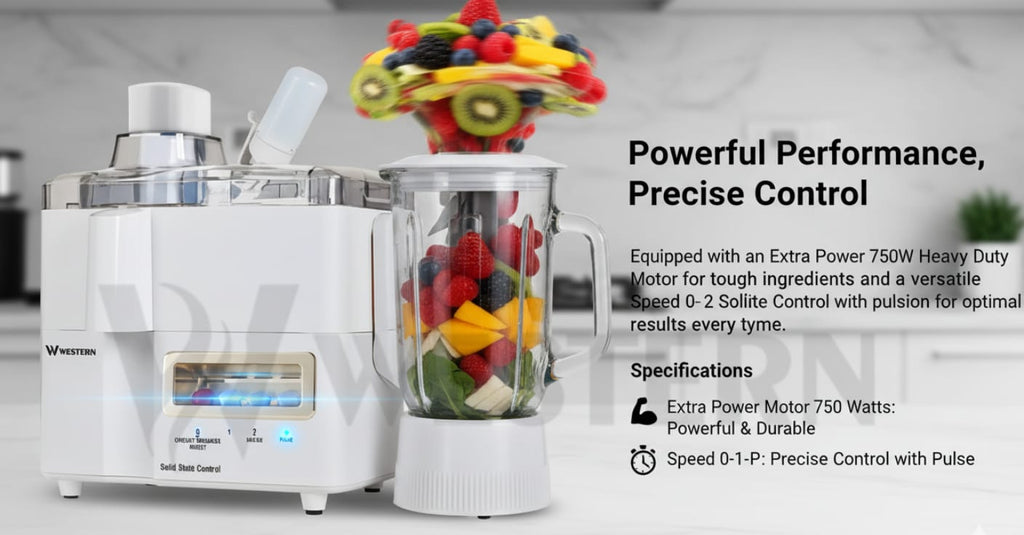 Western 4-in-1 Juicer Blender Grinder W-708 – 750W Heavy Duty Juicer Machine | Blender, Dry Mill & Chutney Grinder | 2-Year Warranty