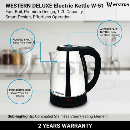 Western Deluxe Electric Kettle W-51 – 1.7L Stainless Steel Electric Kettle | | 2-Year Warranty