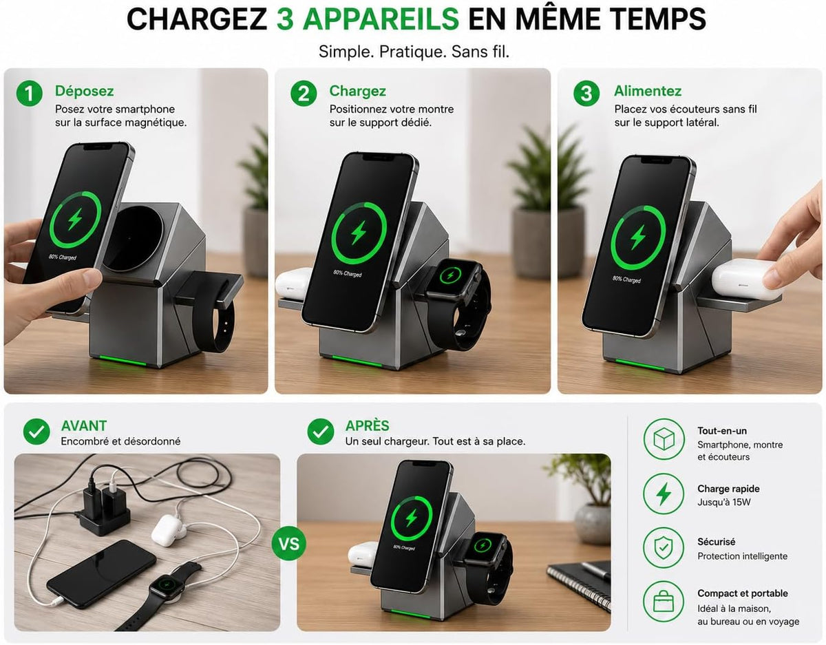 Foldable 3in1 15W Magnetic Wireless Charger Stand