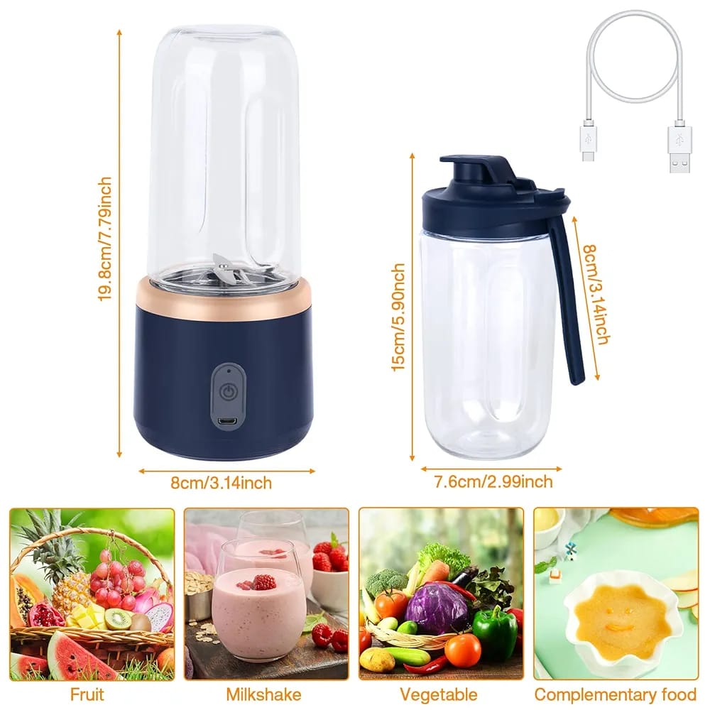 Portable Blender Juicer Machine – 2-in-1 USB Rechargeable Smoothie Maker | 400ml Personal Mini Fruit Mixer