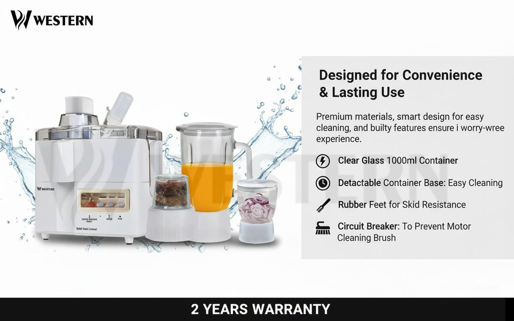 Western 4-in-1 Juicer Blender Grinder W-708 – 750W Heavy Duty Juicer Machine | Blender, Dry Mill & Chutney Grinder | 2-Year Warranty
