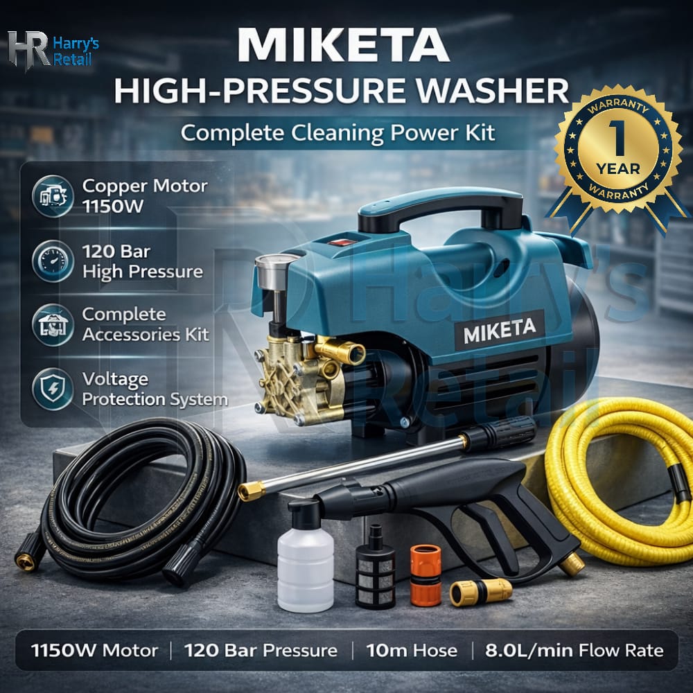 MIKETA Electric Pressure Washer – 1150W 120 Bar High Pressure Cleaner | Portable Car Washer Machine with Spray Gun Kit