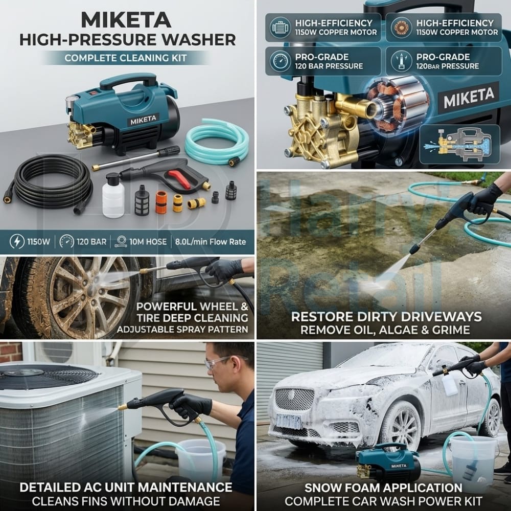 MIKETA Electric Pressure Washer – 1150W 120 Bar High Pressure Cleaner | Portable Car Washer Machine with Spray Gun Kit