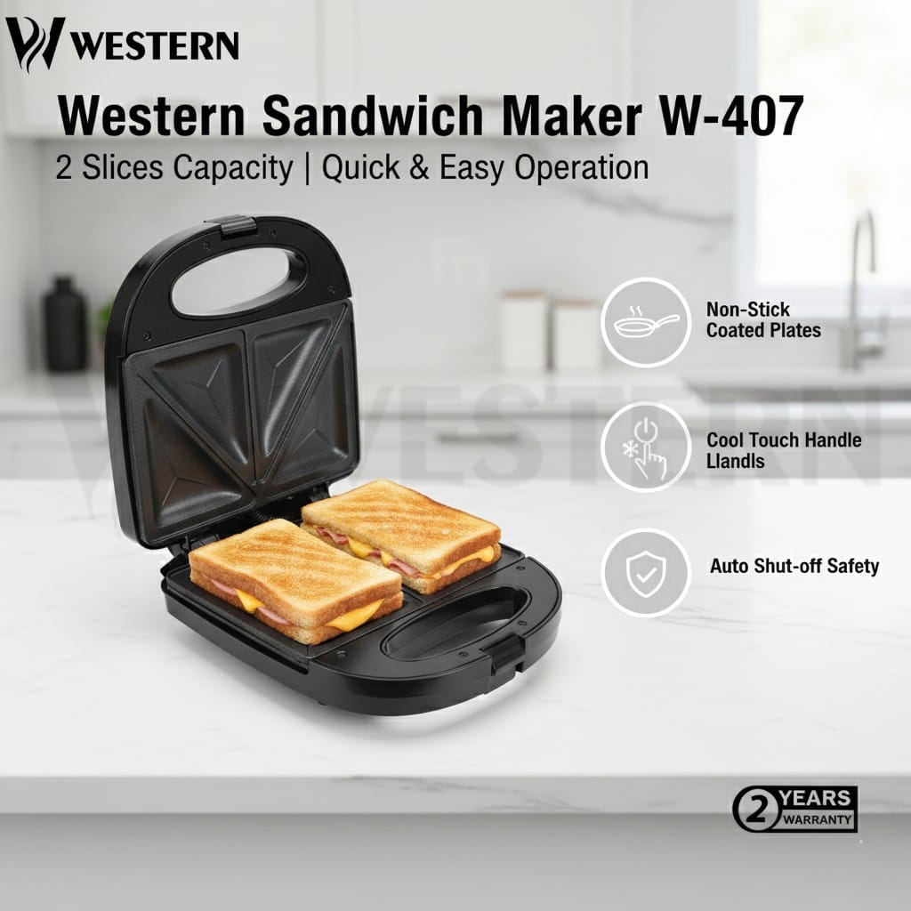 Western Sandwich Maker W-407 – 2 Slice Electric Sandwich Maker | Non-Stick Sandwich Toaster | 2-Year Warranty