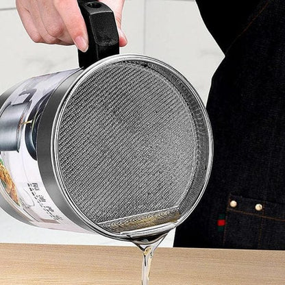 Oil Filter Pot – 1.4L Stainless Steel Grease Container with Fine Mesh Strainer | Oil Storage Can with Lid & Handle