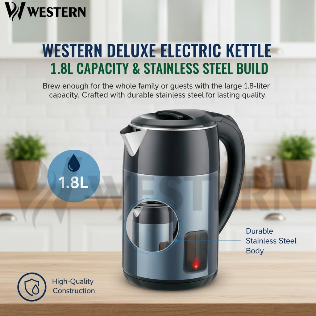 Western Deluxe Electric Kettle W-52 – 1.8L Stainless Steel Electric Kettle | 1500W Fast Boil