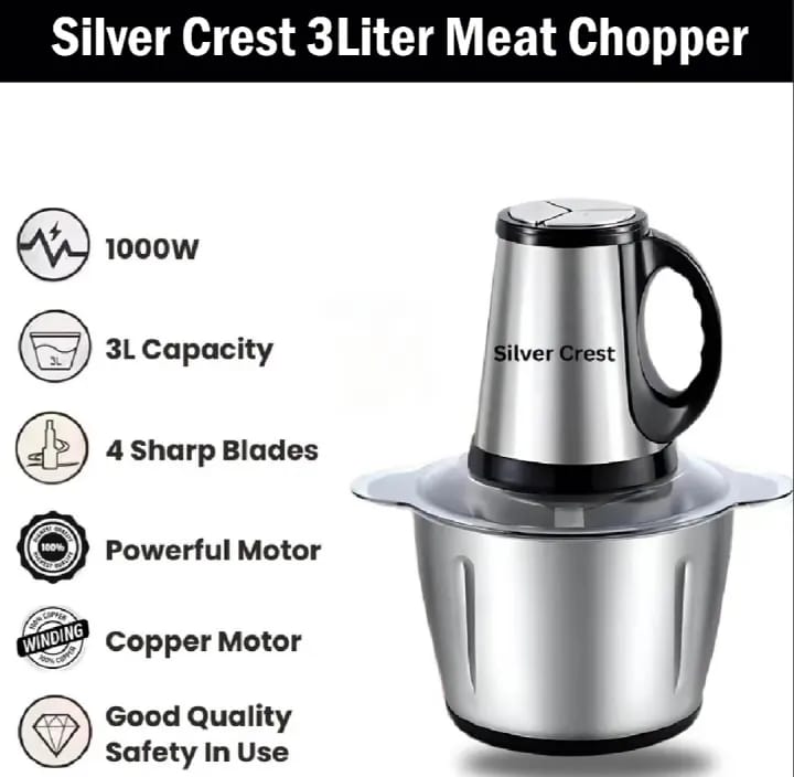 3L Silver Crest Chopper Machine 1000W Powerful Motor | 3 Speed Control Electric Food Chopper