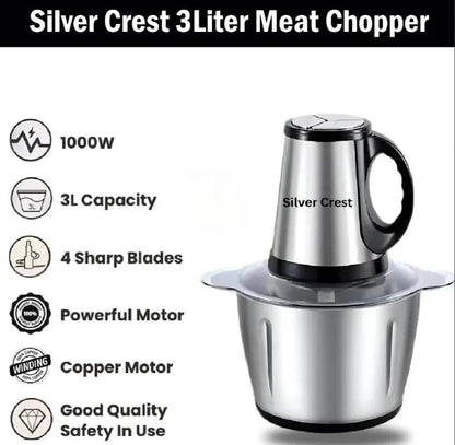 3L Silver Crest Chopper Machine 1000W Powerful Motor | 3 Speed Control Electric Food Chopper